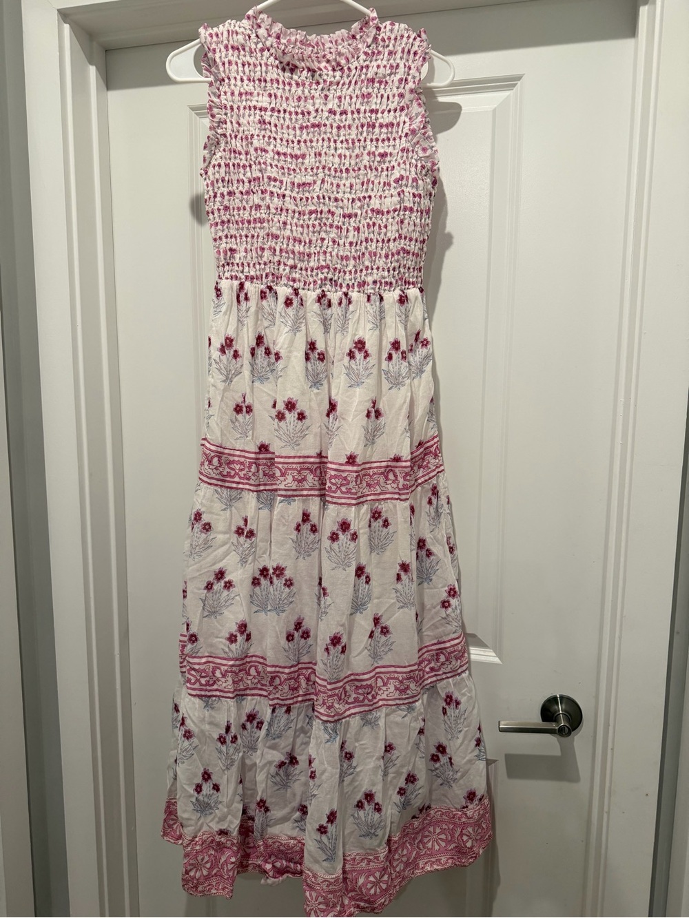 Oliphant Smocked Sleeveless Ruffle Neck Midi Maxi Block - Size M